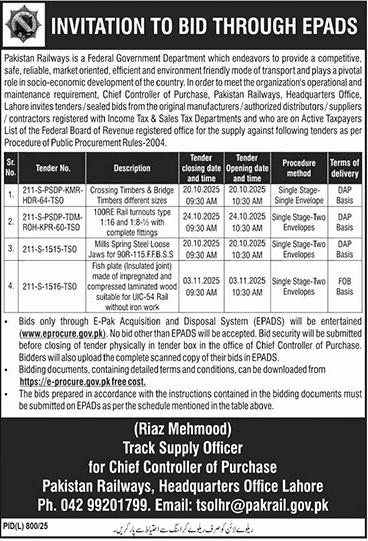 Pakistan Railways Lahore Tender Notice